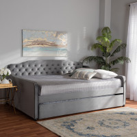 Baxton Studio Freda-Grey Velvet-Daybed-F/T Freda Transitional and Contemporary Grey Velvet Fabric Upholstered and Button Tufted Full Size Daybed with Trundle